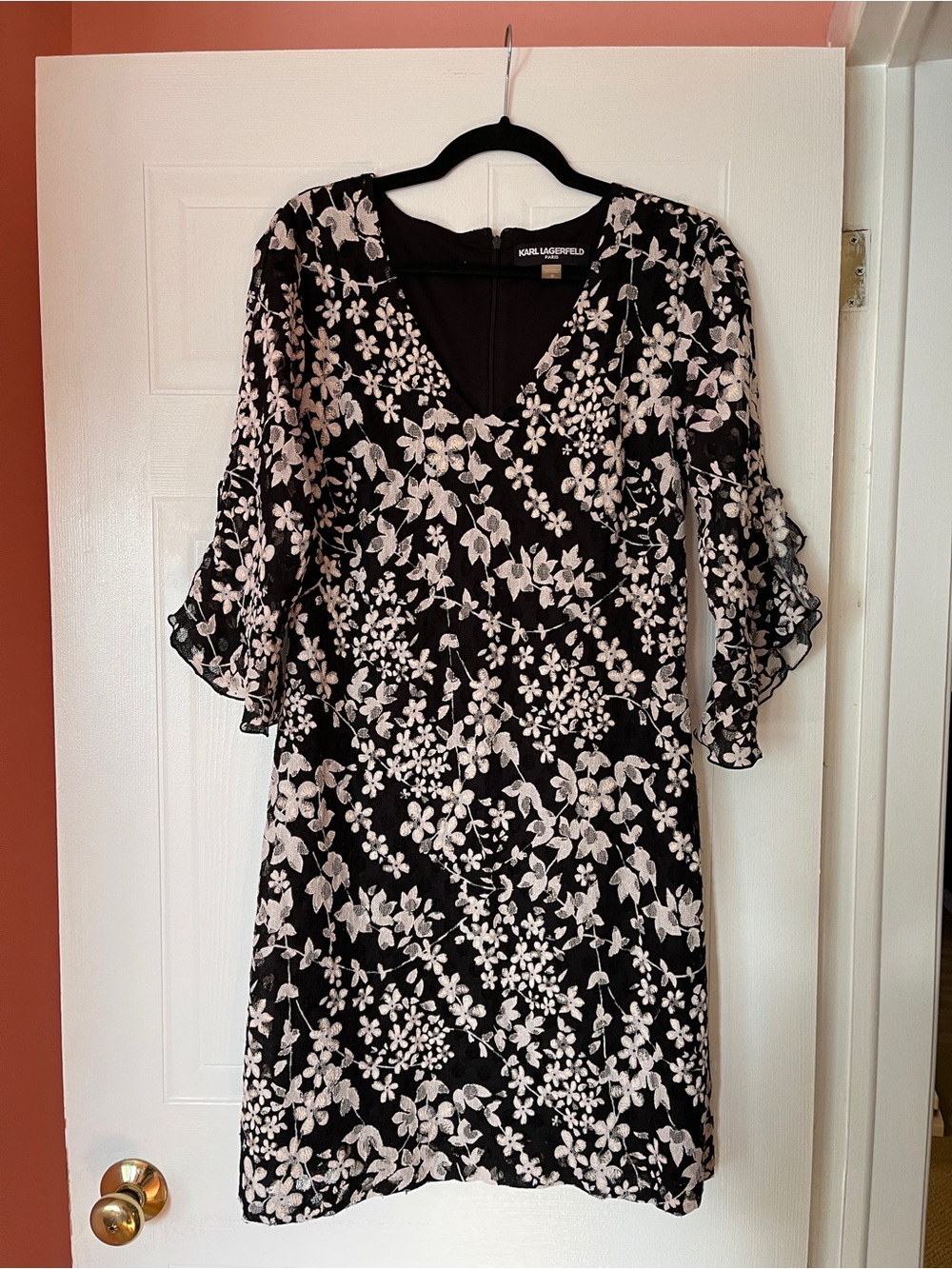 Karl Lagerfeld Black Dress with White Floral Embroidery